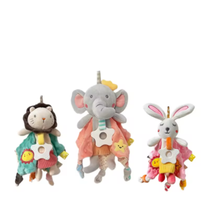 mekana bebi umirujuća krpica sa glodalicom – zeka / slon / lav, 28 cm